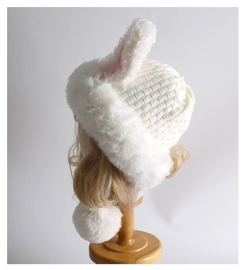 Xiaogui - Winter Kawaii Lolita Hat Plush Warm Hat with Pom-Poms F Regular Version - Bunny Ear Hat
