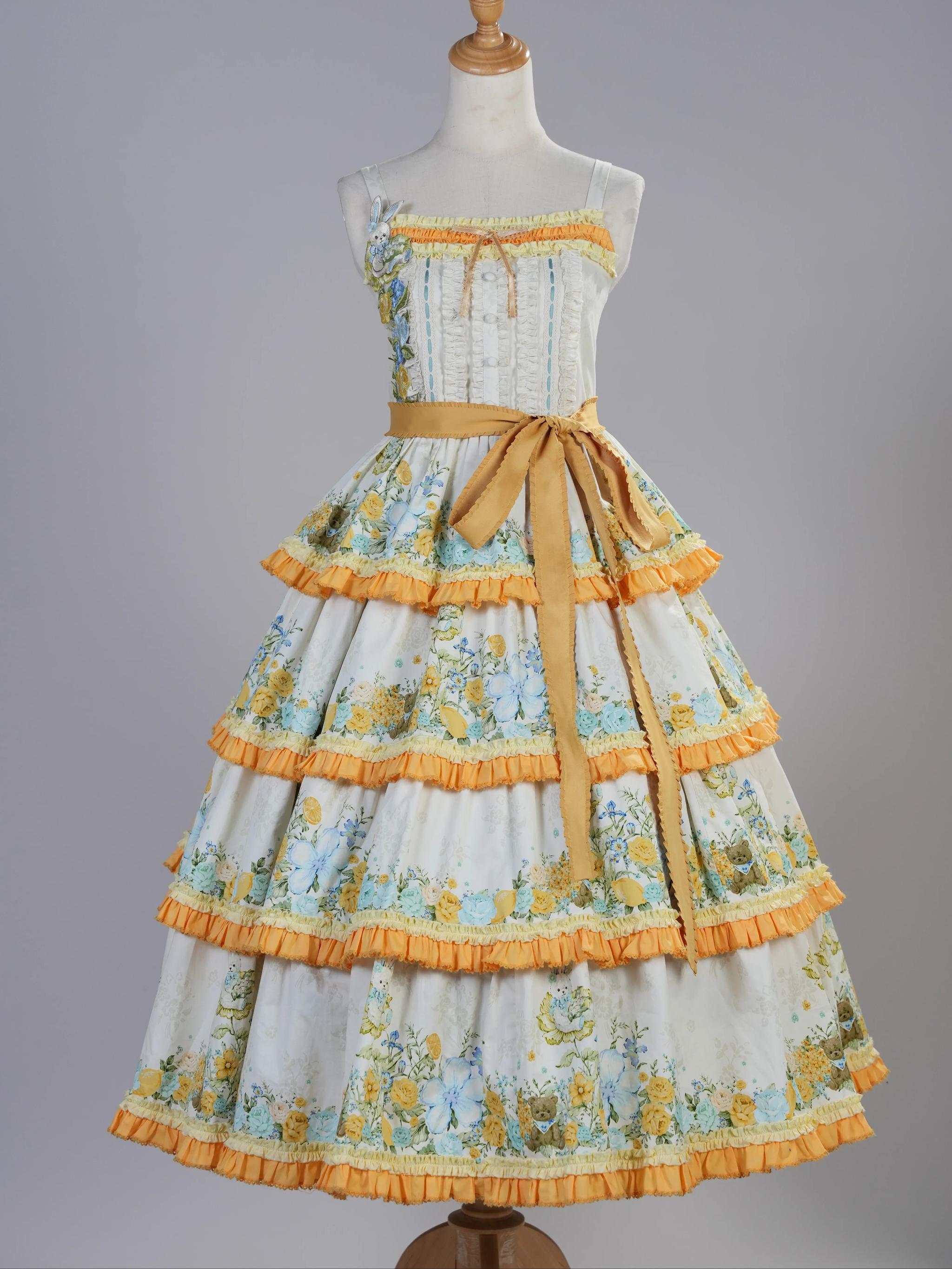Flower Rabbit Bear - Country Lolita Tiered Skirt Dress, Floral & Bear Print JSK Only S