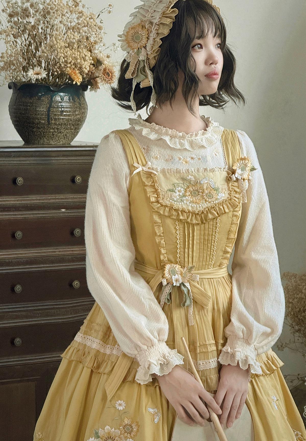 Moonlight Amber - Sunflower - Embroidered Country Lolita Dress, Tiered Skirt