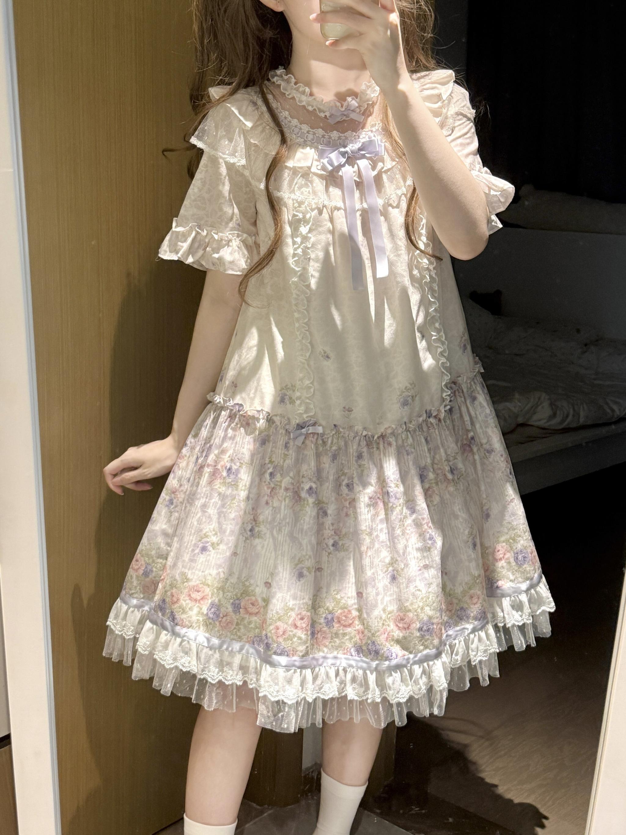 Yuri's Garden - Classic Floral Printed Lolita Dress with Lace 45541:852341