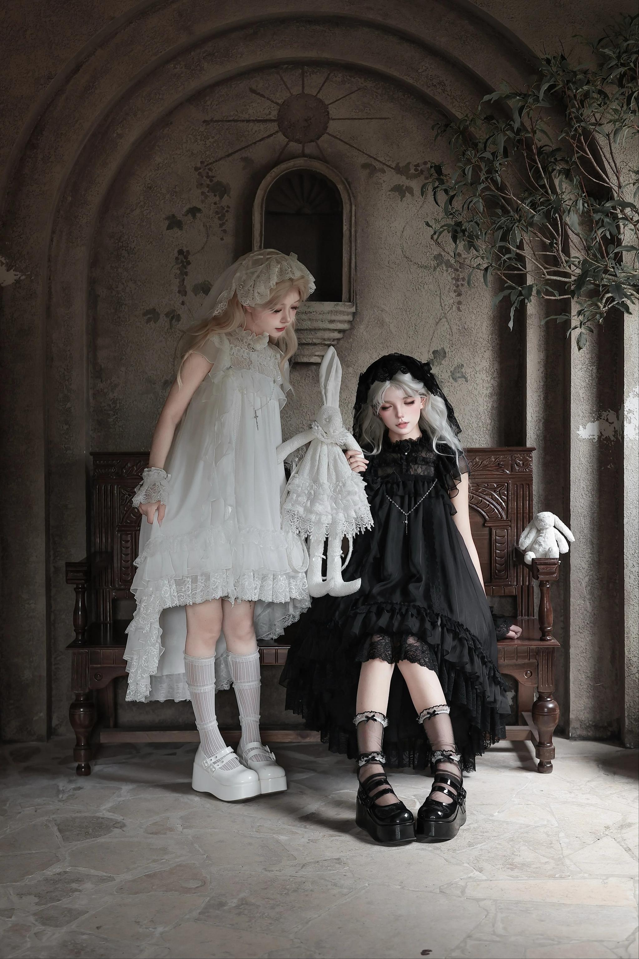 Ghost Jellyfish - Chiffon Gothic Lolita OP, Drawstring Liftable High-low Hem 45549:853748