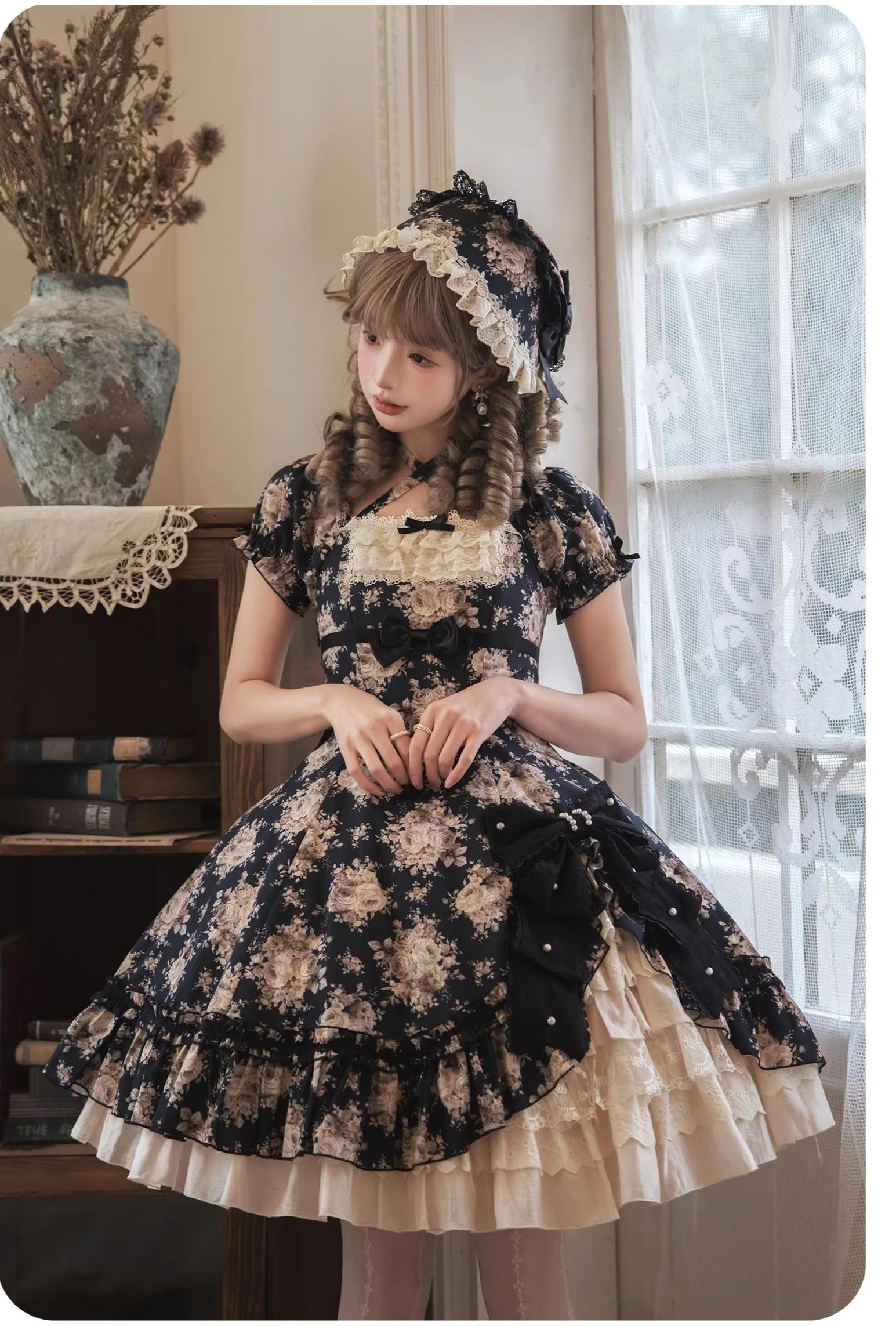 Black Rose - Printed Old School Lolita Dress, Front Opening