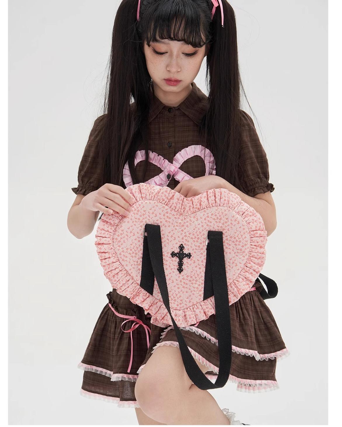 Soso Meme Club - Vintage Lolita Heart Shaped Plaid Dot Print JK Uniform Bag