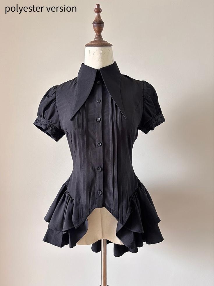 FlowerFairyDaily~Midnight Prayer~Solid Lolita Shirt with Flowing Tiered Back Hem 43006:762123