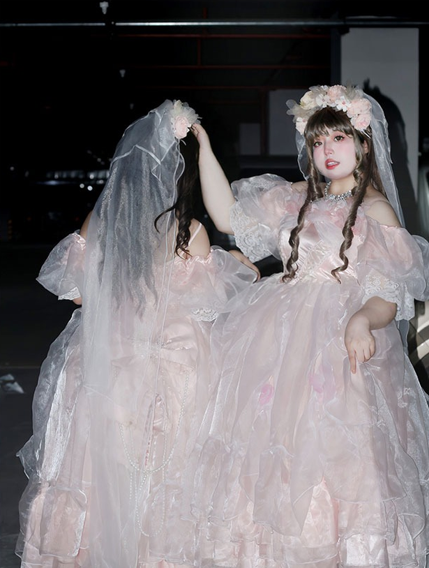 Daydream Whisper - Misty Rose Sea - Plus Size Wedding Lolita JSK with Puffy Tiered Skirt Head Veil Only (One Size select M) S