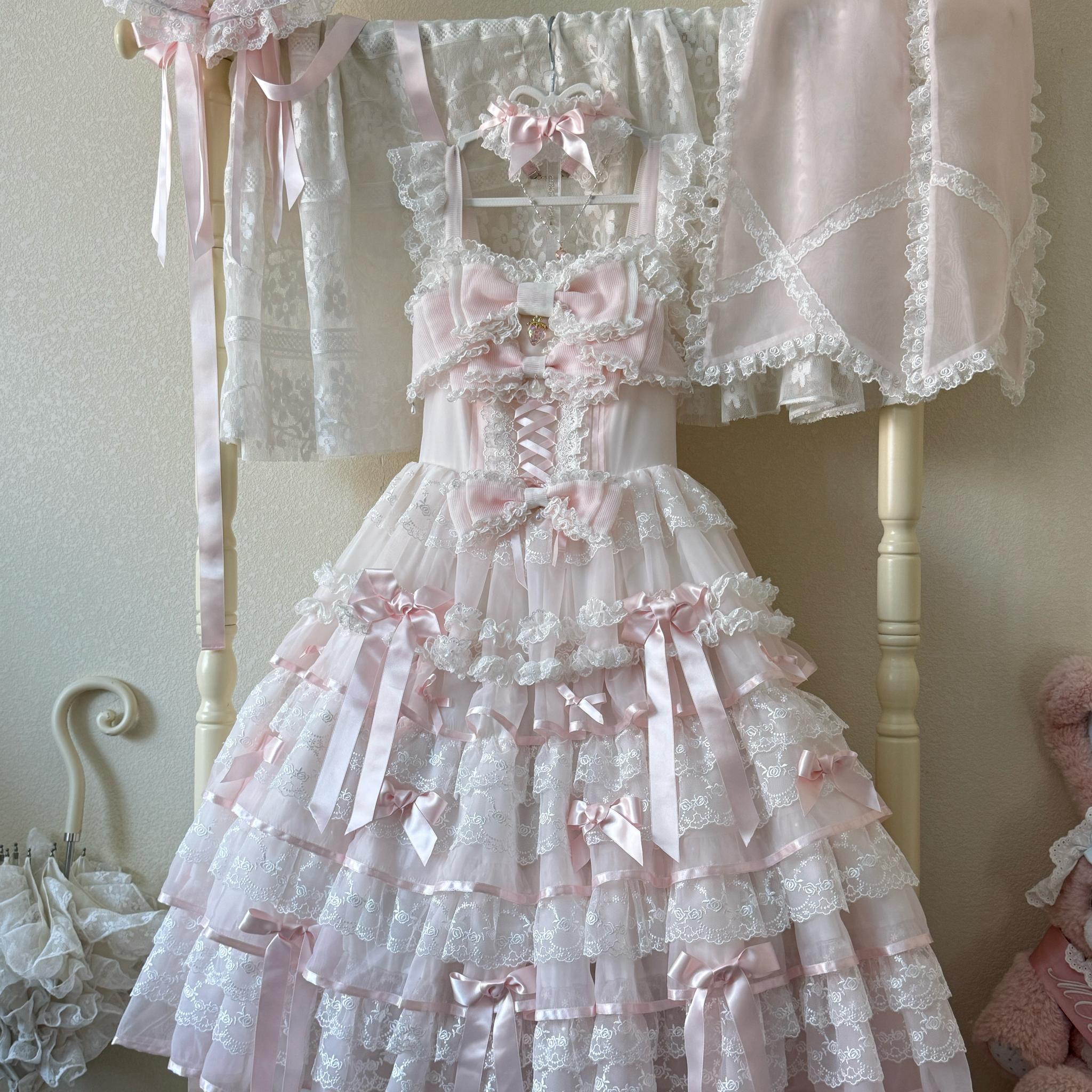 Sakura Snow Love Song - Wedding Sweet Lolita JSK Dress, Lace & Bows Details (Pink / 2XL L M S XL) 44530:812619