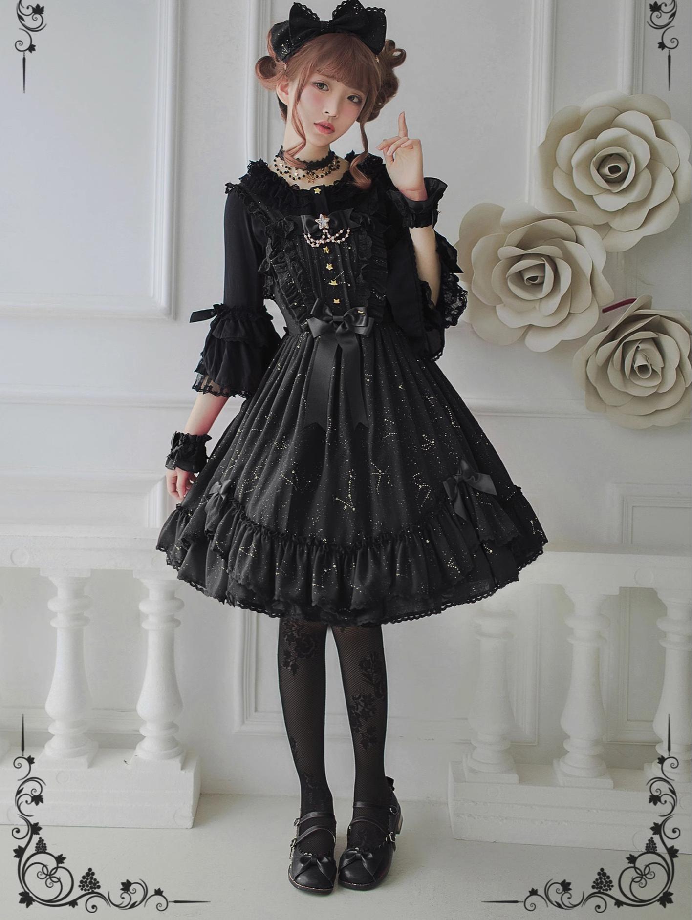 Whisper of Stars - Elegant Lolita Black JSK Dress, Constellation Foil Printing 34582:494078