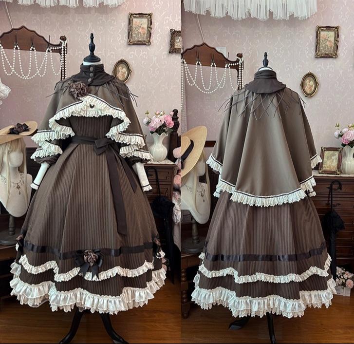 Muyu Handmade Studio - Evening Whispers of London - Brown Classic Lolita OP Dress, Mermaid Skirt Outfit 43993:792068