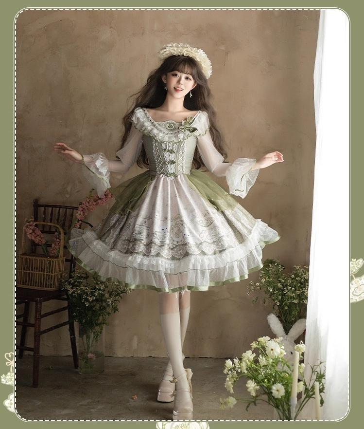 YingLuoFu - Teacup Bunny - Classic Lolita OP Dress, Fresh Green Floral Print 43263:783874