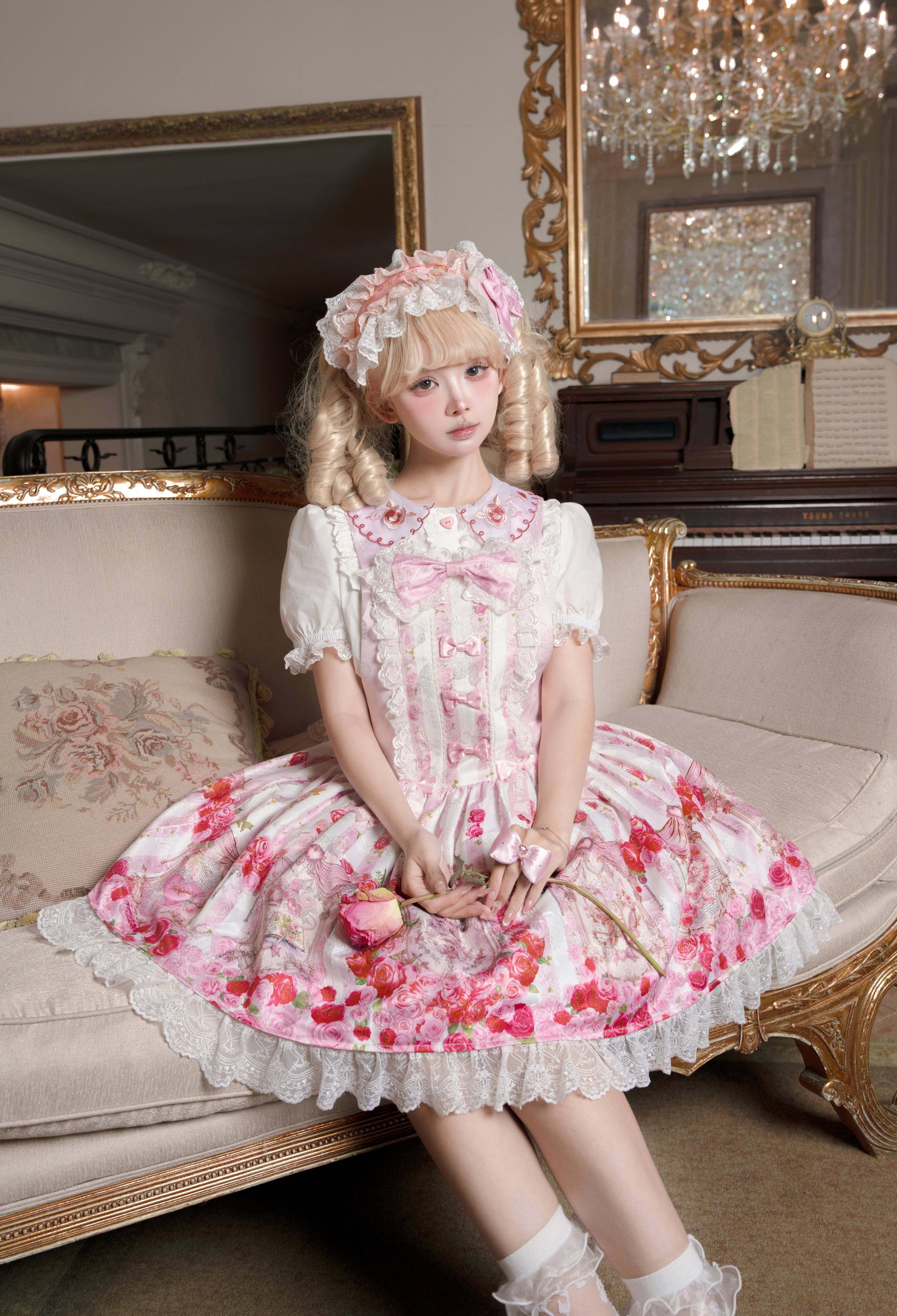 Rose Dream Isle - Sweet Lolita Rose Wall Print Dress, Embroidery & Bows