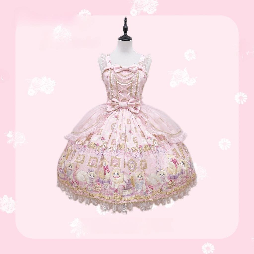 Discovering Treasures - Picture Frame Cat - Kawaii Lolita Dress Suit Cat Print JSK and OP (L M S XL) 42605:746467