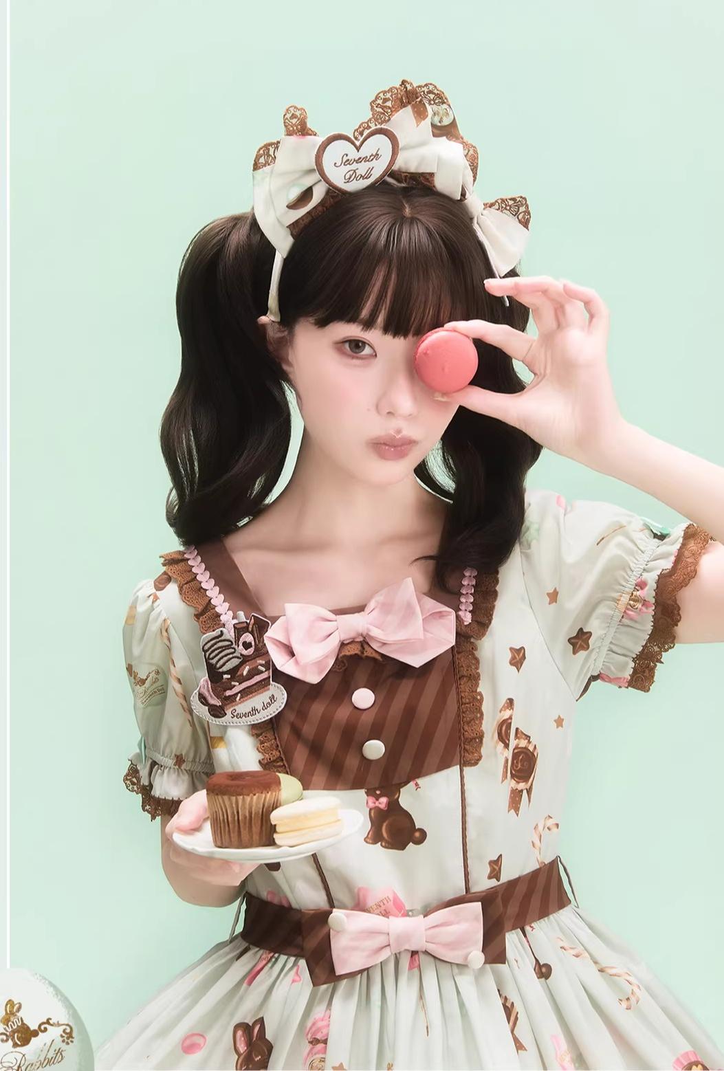 Chocolate Bunny - Printed Kawaii Lolita JSK, Short-sleeved Dress