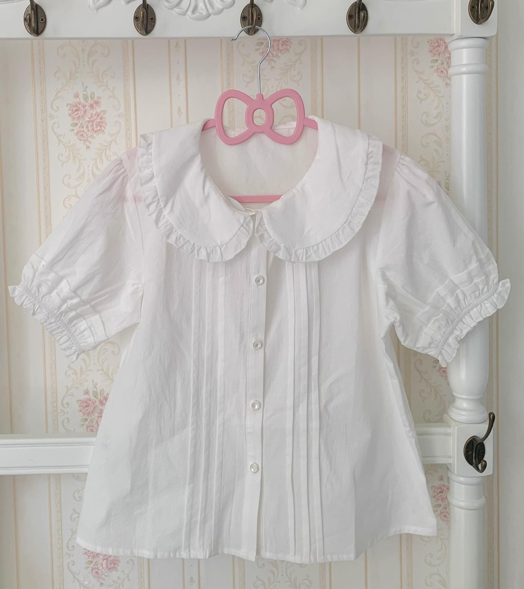 Chubby Cat Diary - Plus Size Cotton Lolita White Blouse, Short Sleeve White blouse only S