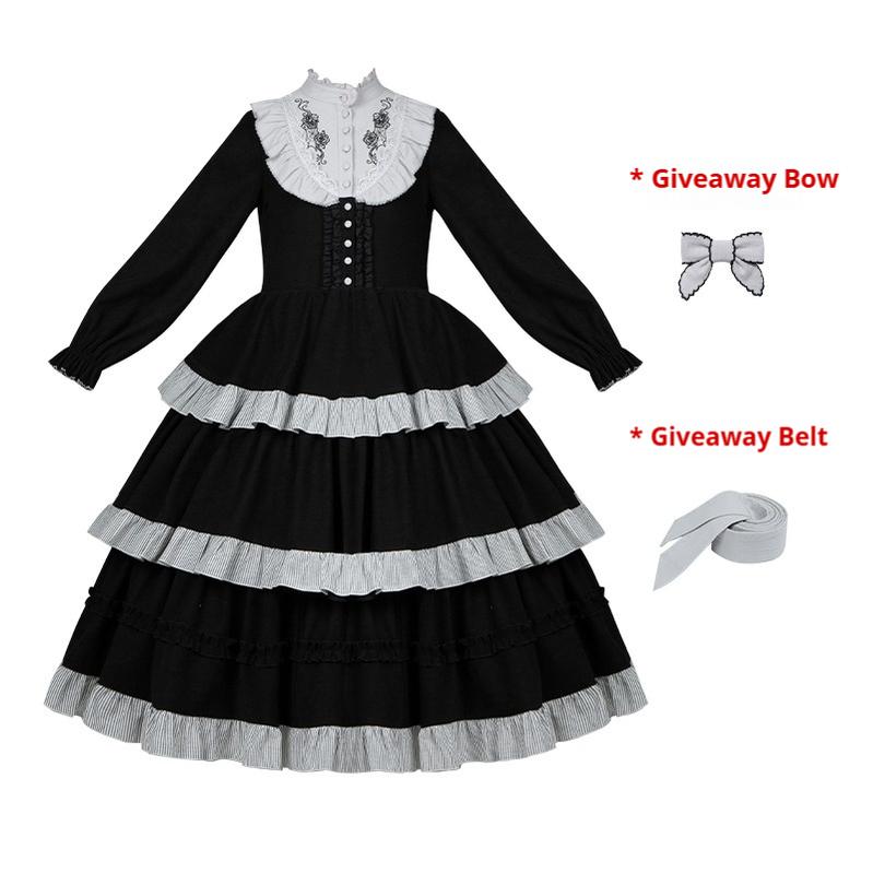 With PUJI - Castle Night - Gothic Twins Lolita OP Three-tiered Embroidery Dress Black rose spider web embroidered OP + belt +bow S