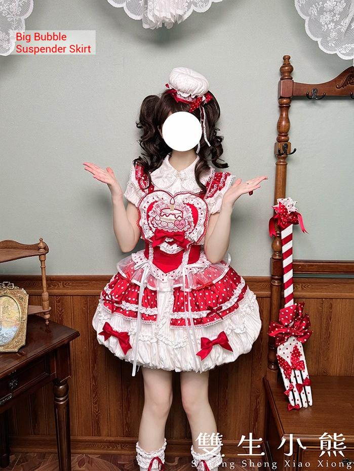 Shuang Sheng Xiao Xiong - Bite The Cake - Sweet Lolita Dress, Red & White Polka Dots 43600:780760