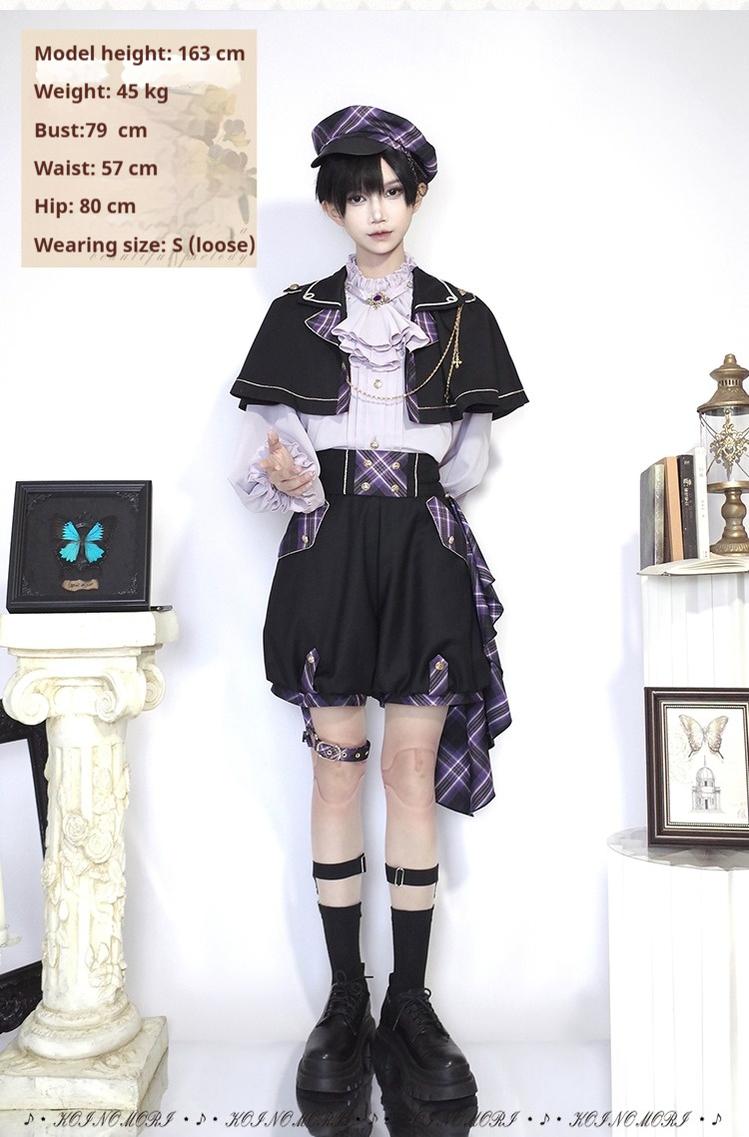 Forest Fluorescent Carps - Queen's Game - Military Lolita OP, Ouji Plaid Lolita Dress Set Purple Ouji Suit S