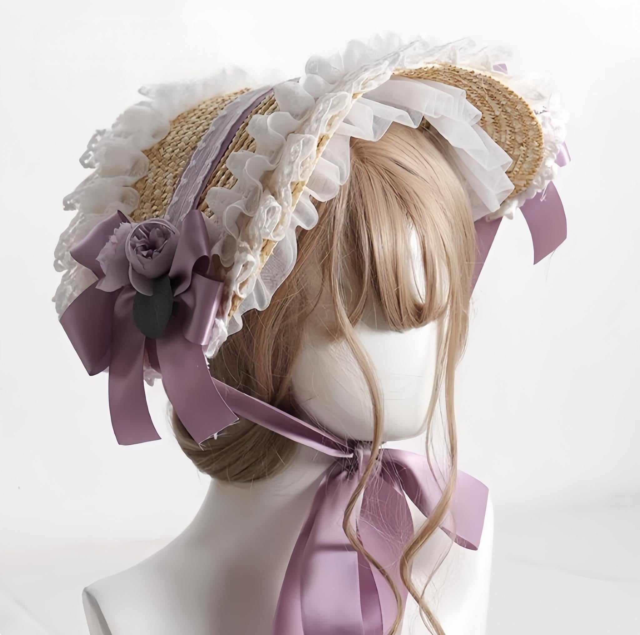 The Accessories' Story - Country Lolita Straw BNT, Ruffled Lace, Artificial Flower No Head Circumference Limitation / One Size Smoky Purple