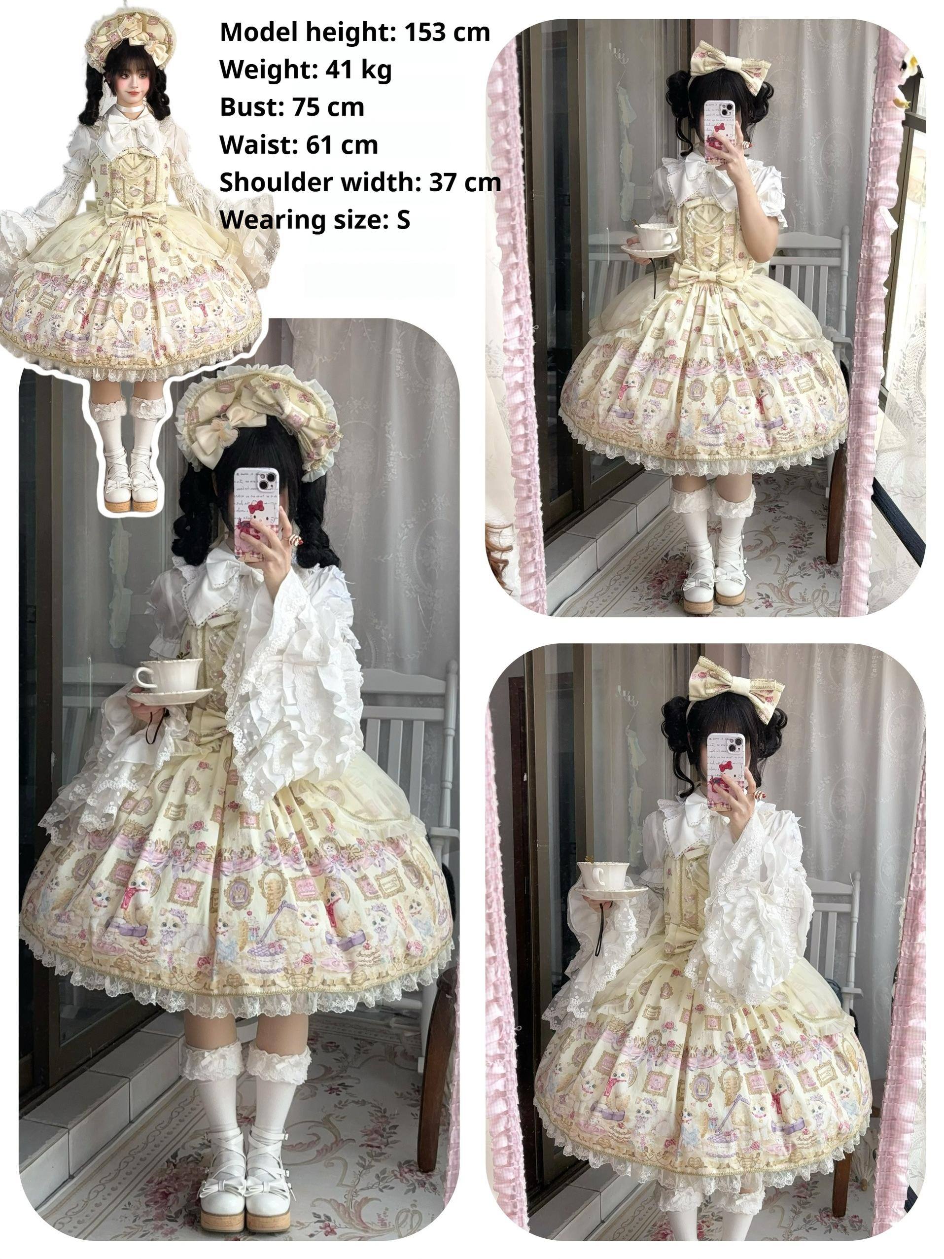 Discovering Treasures - Picture Frame Cat - Kawaii Lolita Dress Suit Cat Print JSK and OP 42605:746460