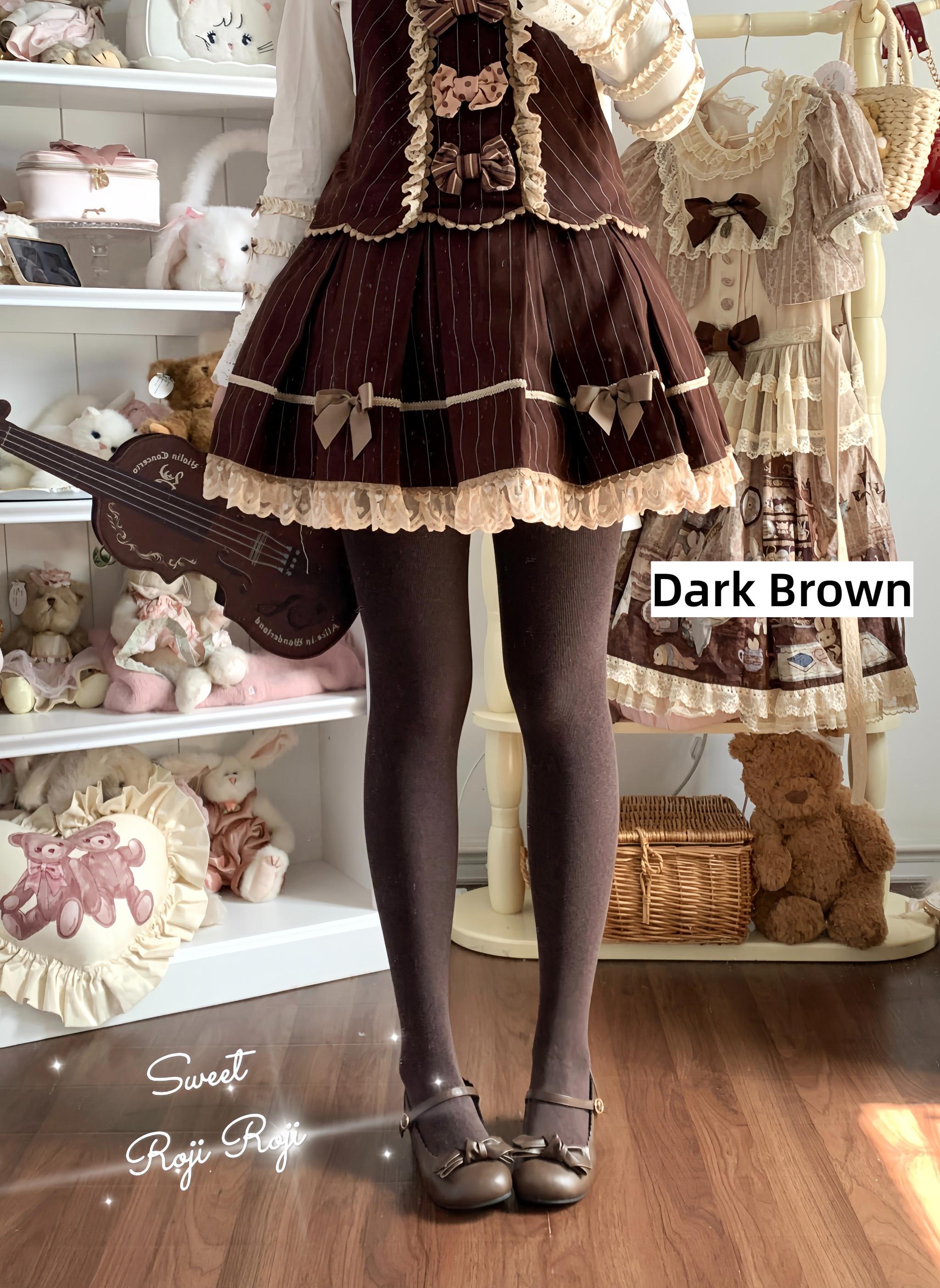 Kawaii Lolita Fleece-Lined Tights, Multiple Colors Dark Brown One Size