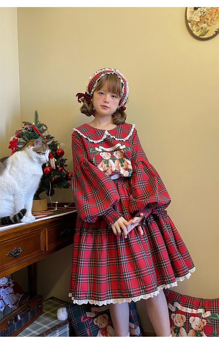 Labeau - Christmas Vintage Lolita Skirts Doll Collar Blouse Plaid Skirt Set