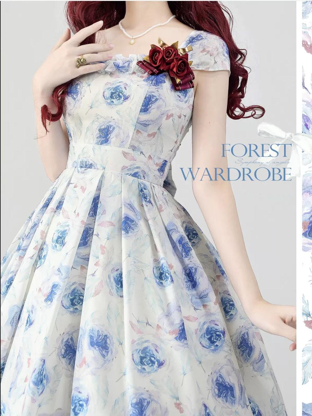 Forest Wardrobe - Forest Basket 3.0 - Vintage Lolita JSK Dress Summer Thin Dress S blue rose