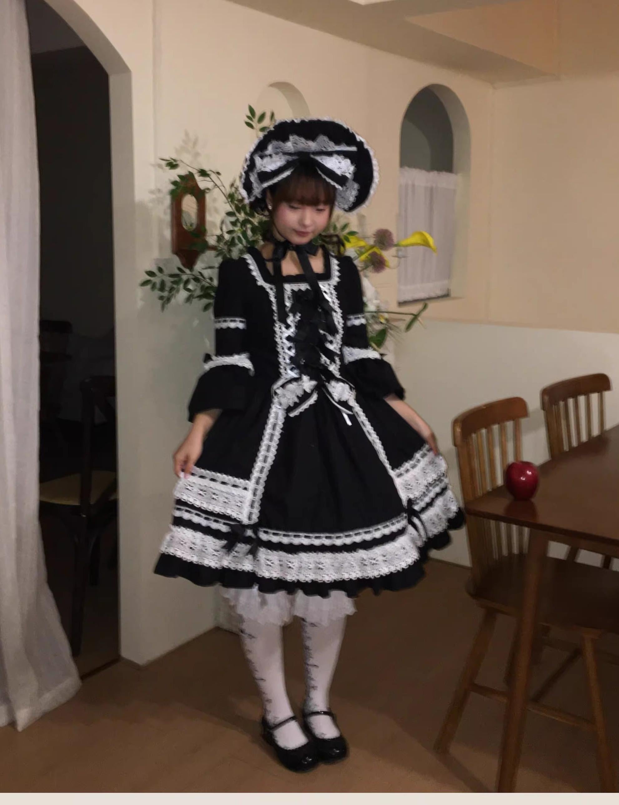 First Otome - Black Old School Lolita OP Dress, Lace Details 44645:817004