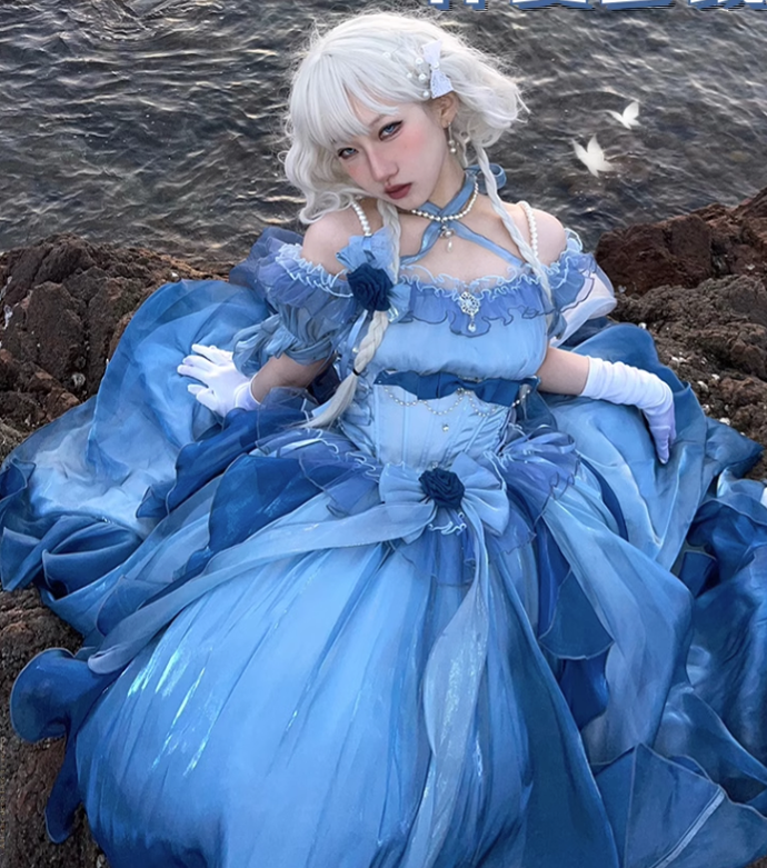 Meowing and fruity - Elegant Lolita Gradient Dark Blue Prom Dress Set