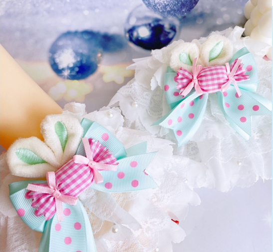 Sweetheart Endless - Sweet Lolita Cuffs Handmade Multicolor Rabbit Ears a pair of mint green-pink candy rabbbit ears cuffs(pin)