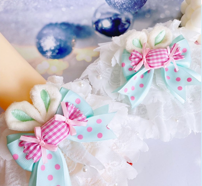 Sweetheart Endless~Sweet Lolita Cuffs Handmade Multicolor Rabbit Ears a pair of mint green-pink candy rabbbit ears cuffs(pin)  
