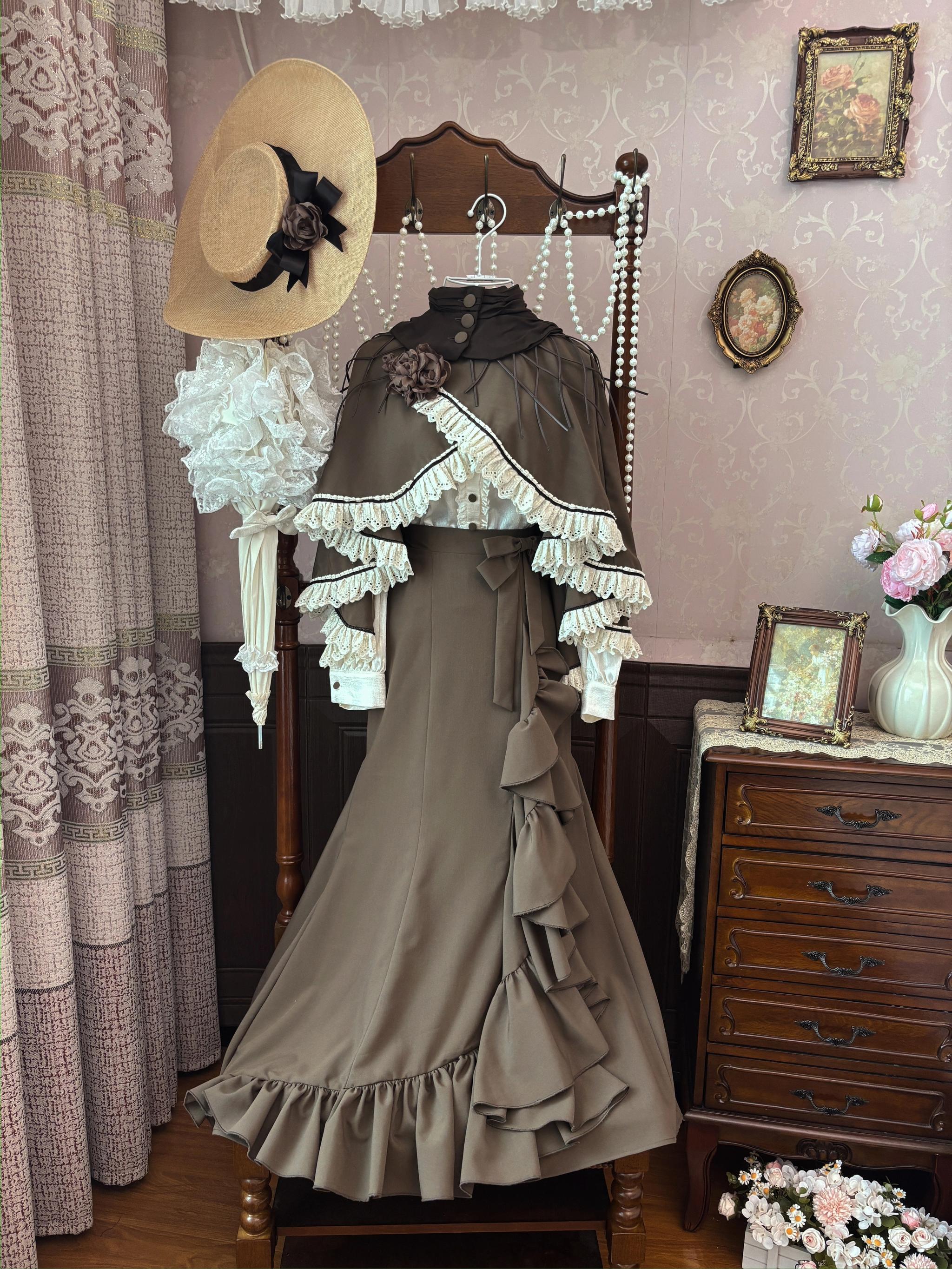Muyu Handmade Studio - Evening Whispers of London - Brown Classic Lolita OP Dress, Mermaid Skirt Outfit 43993:792066