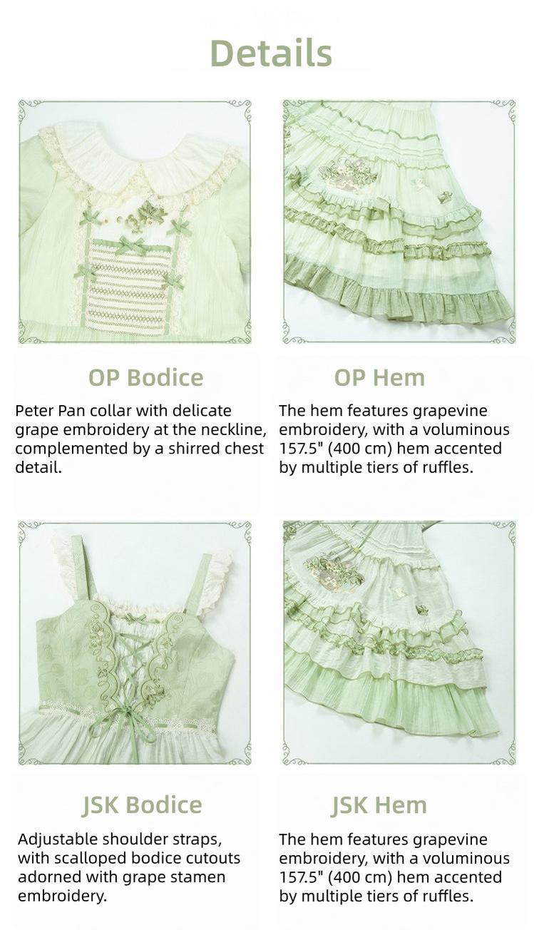 Green Grape - Embroidered Country Lolita OP Dress, Tiered JSK