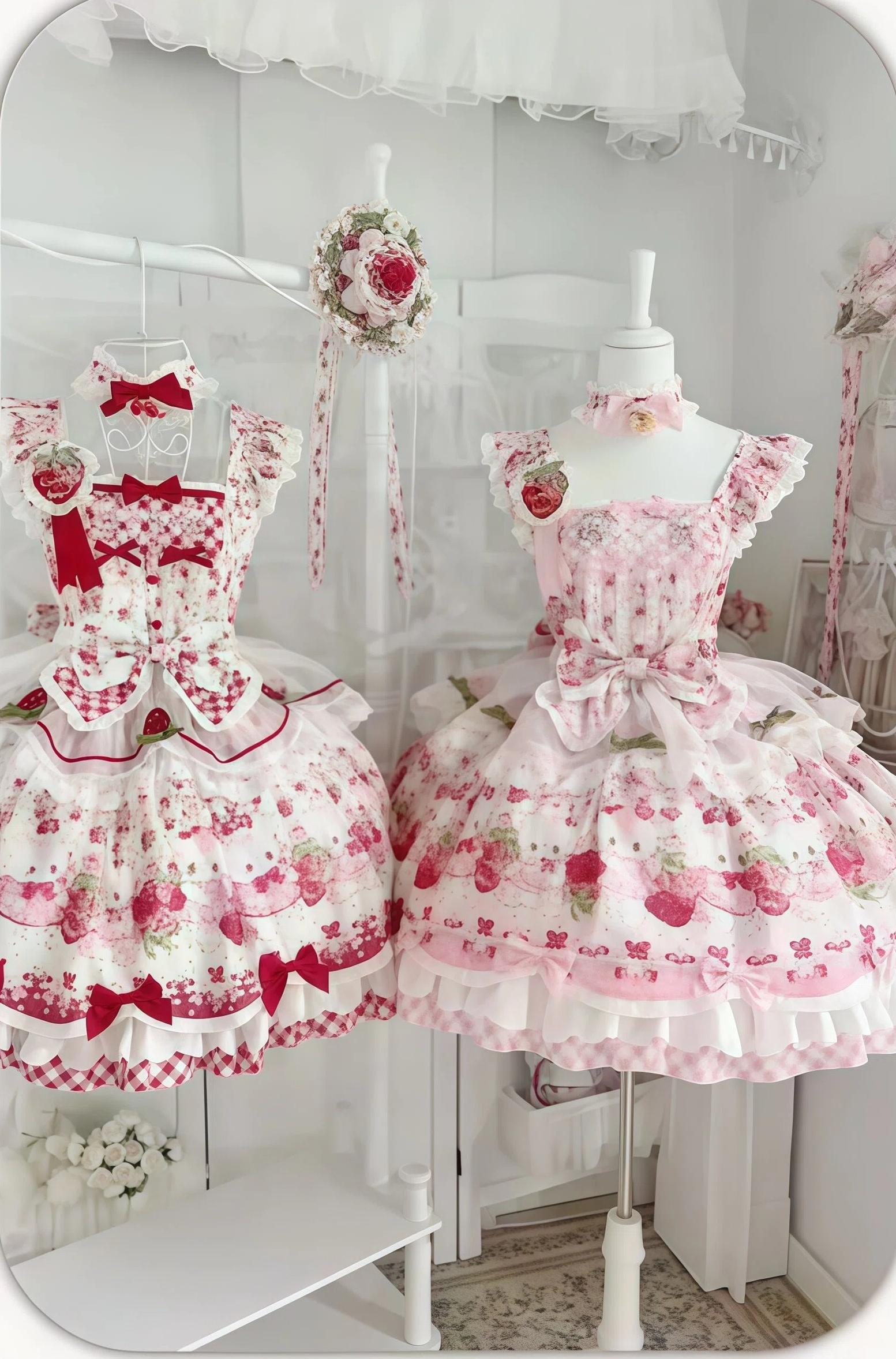 Berry Bear Whisper - Sweet Lolita JSK Set, Strawberry Bear Themed Print 45904:867675