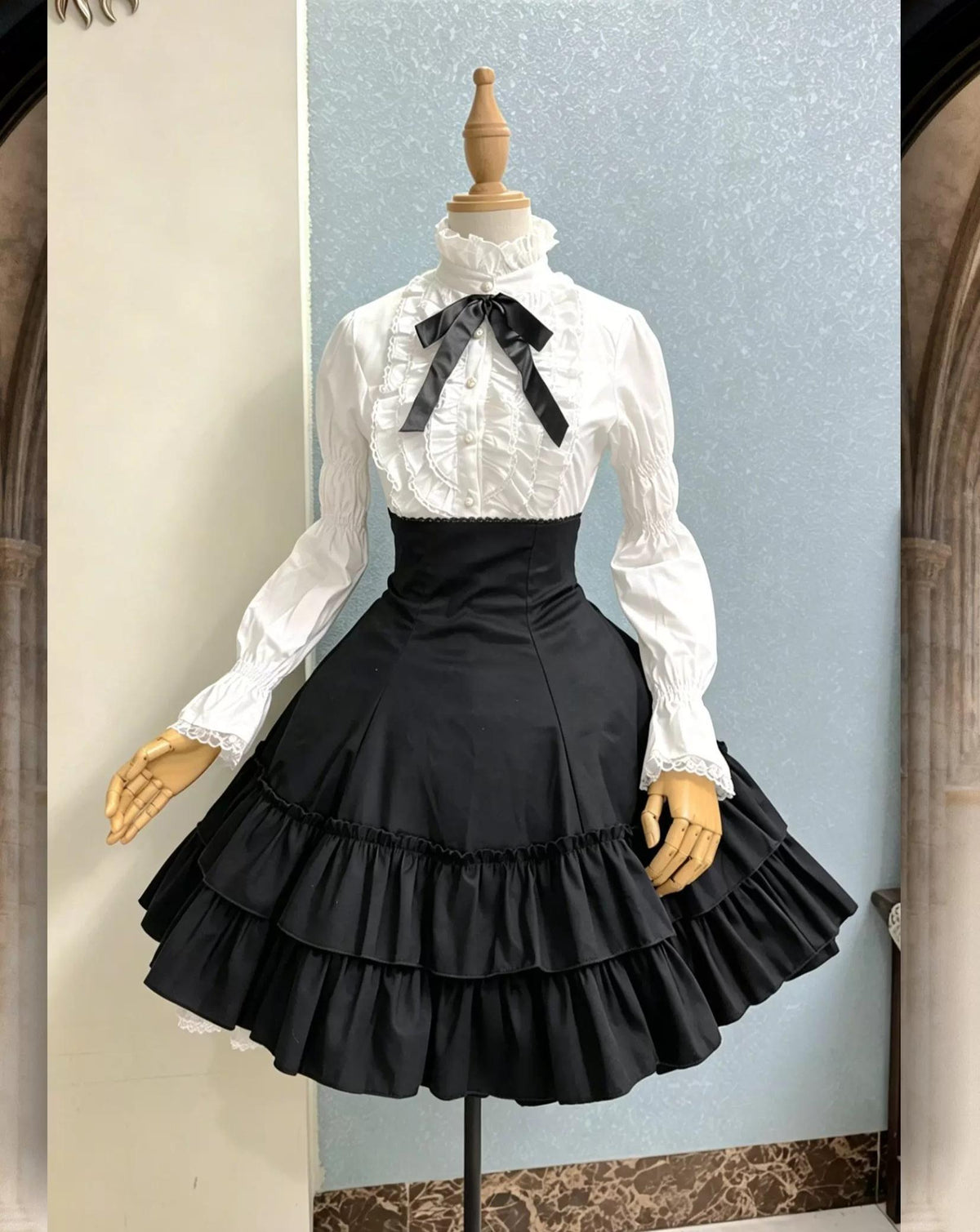 Black Gothic Lolita High Waist Skirt, Drawstring Lift-up Back Hem 46013:872336