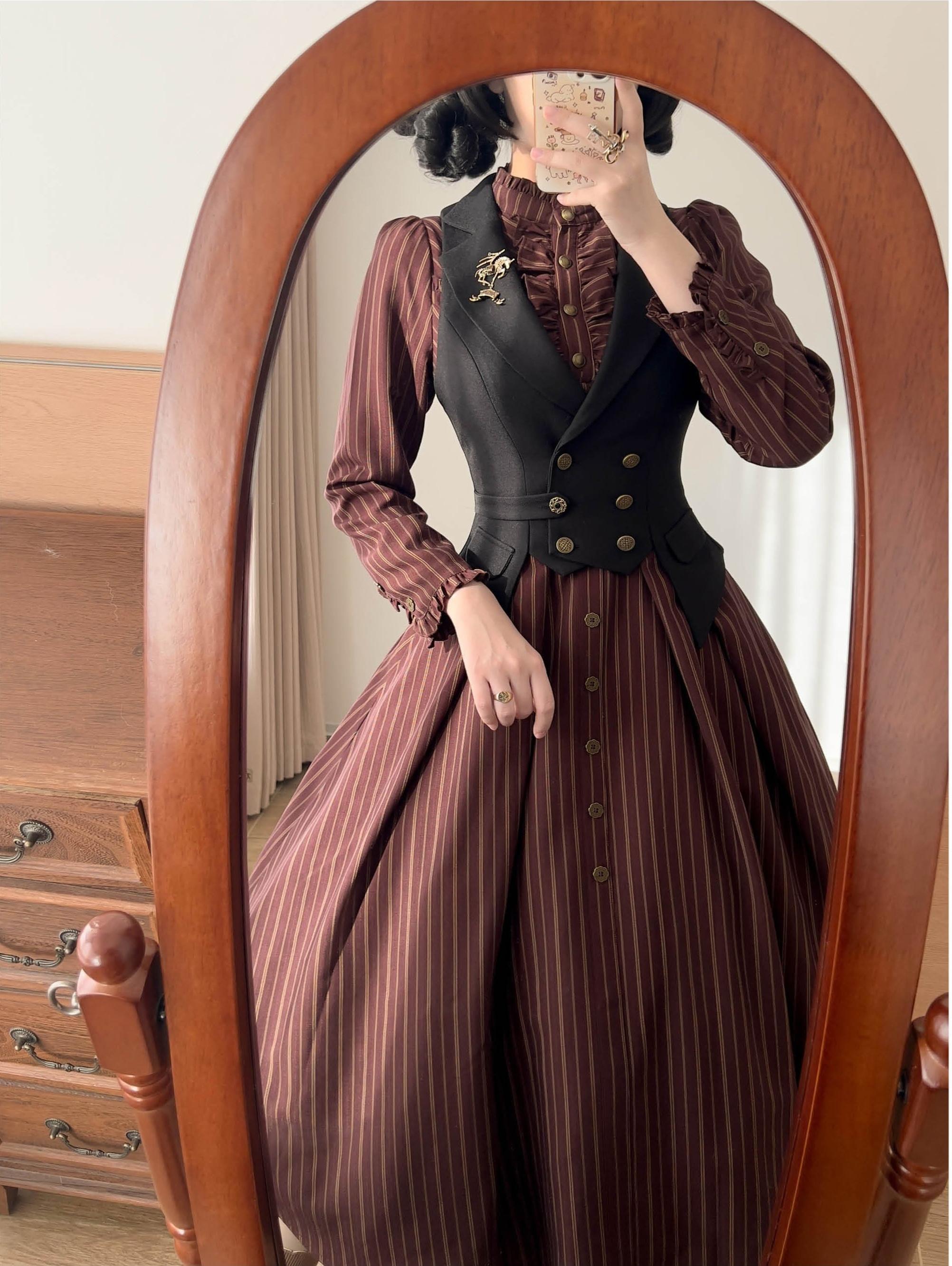 Forest Castle - Classic Lolita Long Striped Dress, Irregular Hem Vest 44441:809851