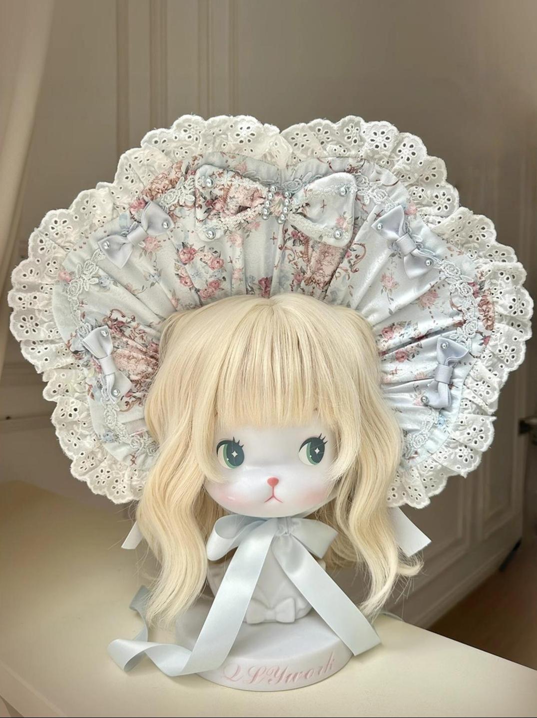 Mengfuzi - Flower in the Mirror - Floral Printed Old School Lolita Accessory Set (Blue) 44315:802640