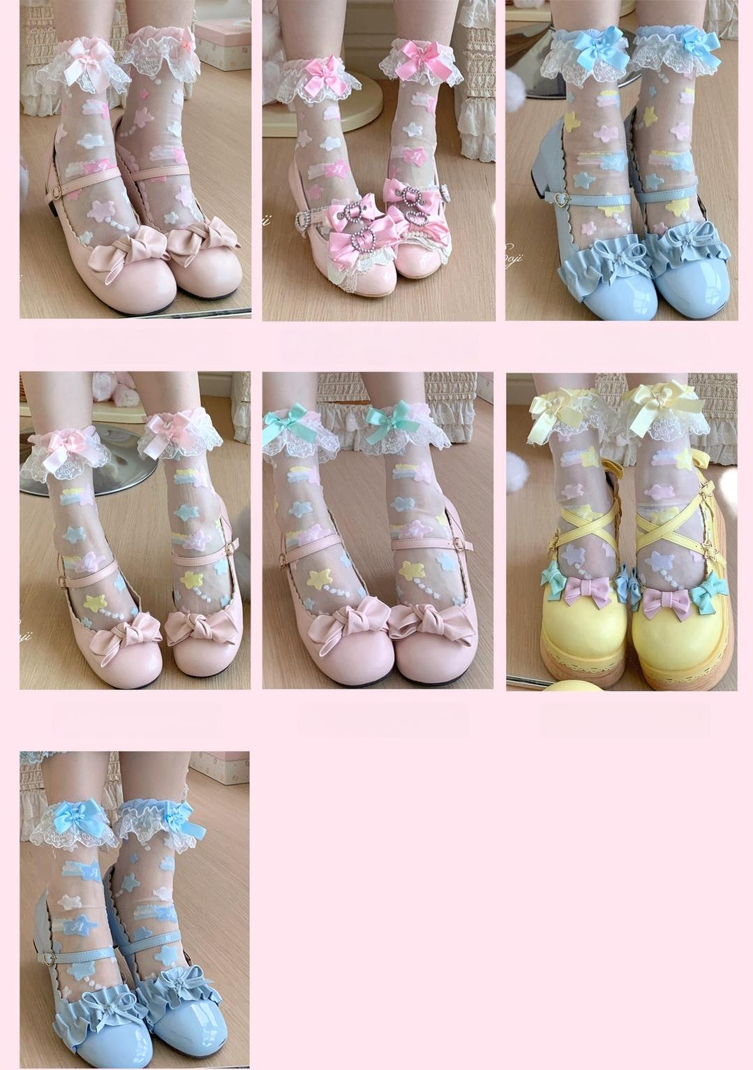 Sweet Lolita Star Embroidered Socks with Colorful Satin Bow 45610:855370