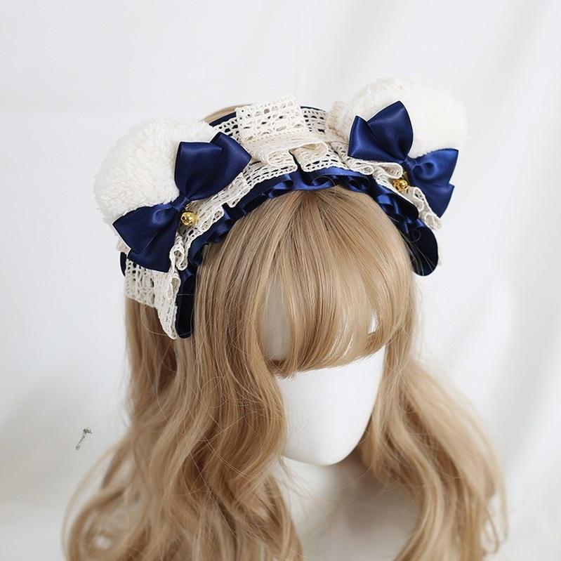Xiaogui - Sweet Lolita KC With Bear Ear and Removable Bell White Bear Ears (Dark Blue Bow)
