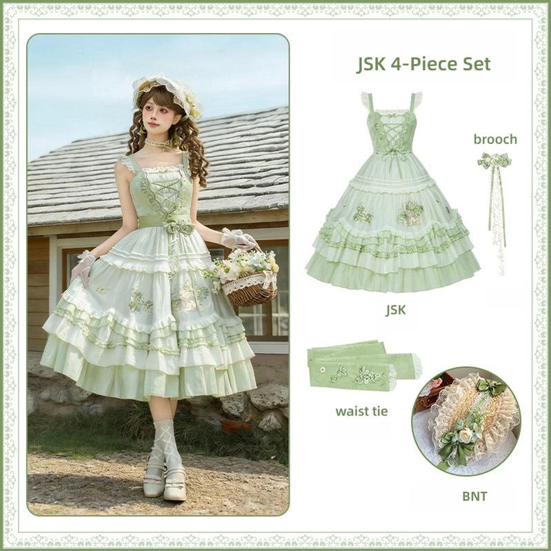 Green Grape - Embroidered Country Lolita OP Dress, Tiered JSK (L M S) 44986:831185