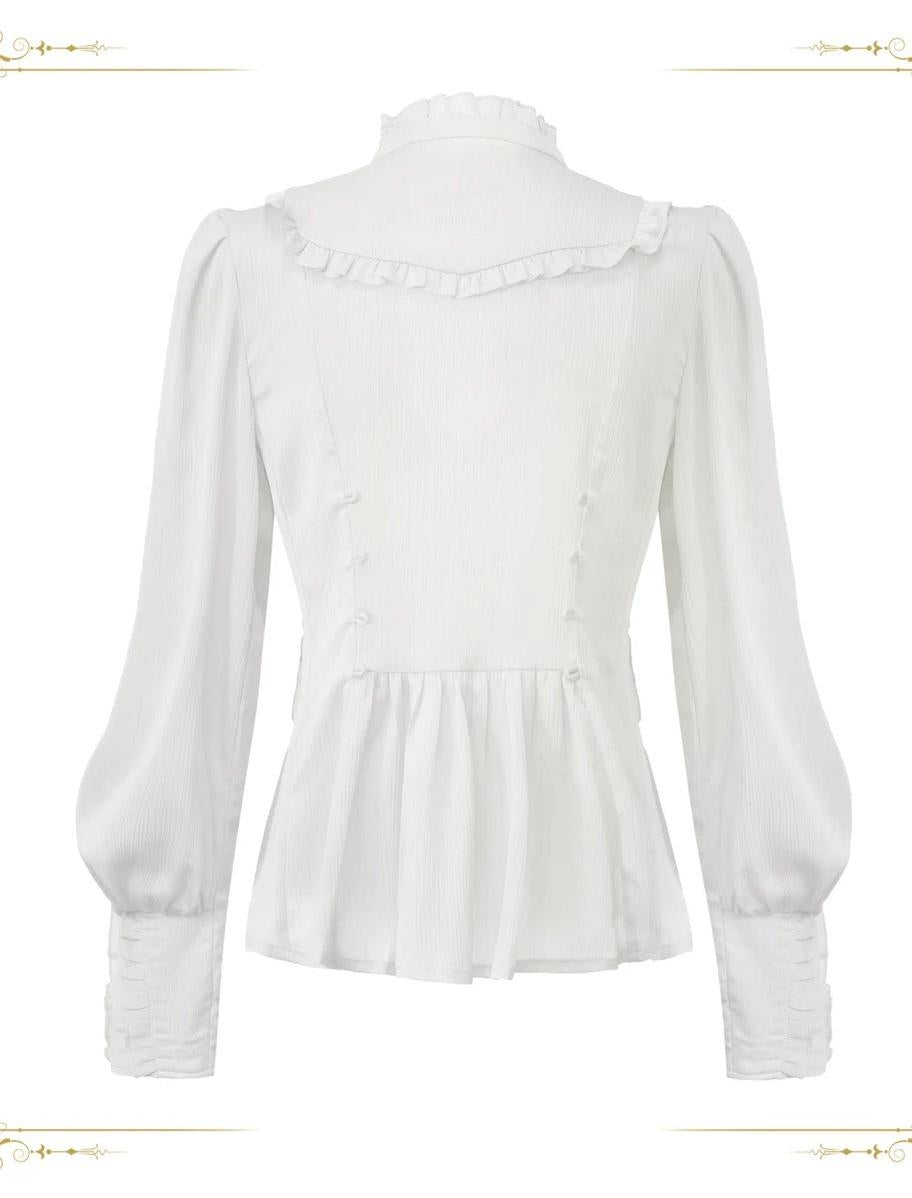 Eternal Rabbit Invitation - Ouji Lolita Vintage Long Sleeve Blouse, Ruffles V-Neck