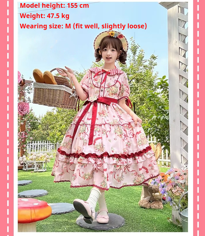 Qianmu - The Bear's Strawberry Field - Daily Lolita OP Dress With Petal Collar & Bear Strawberry Print