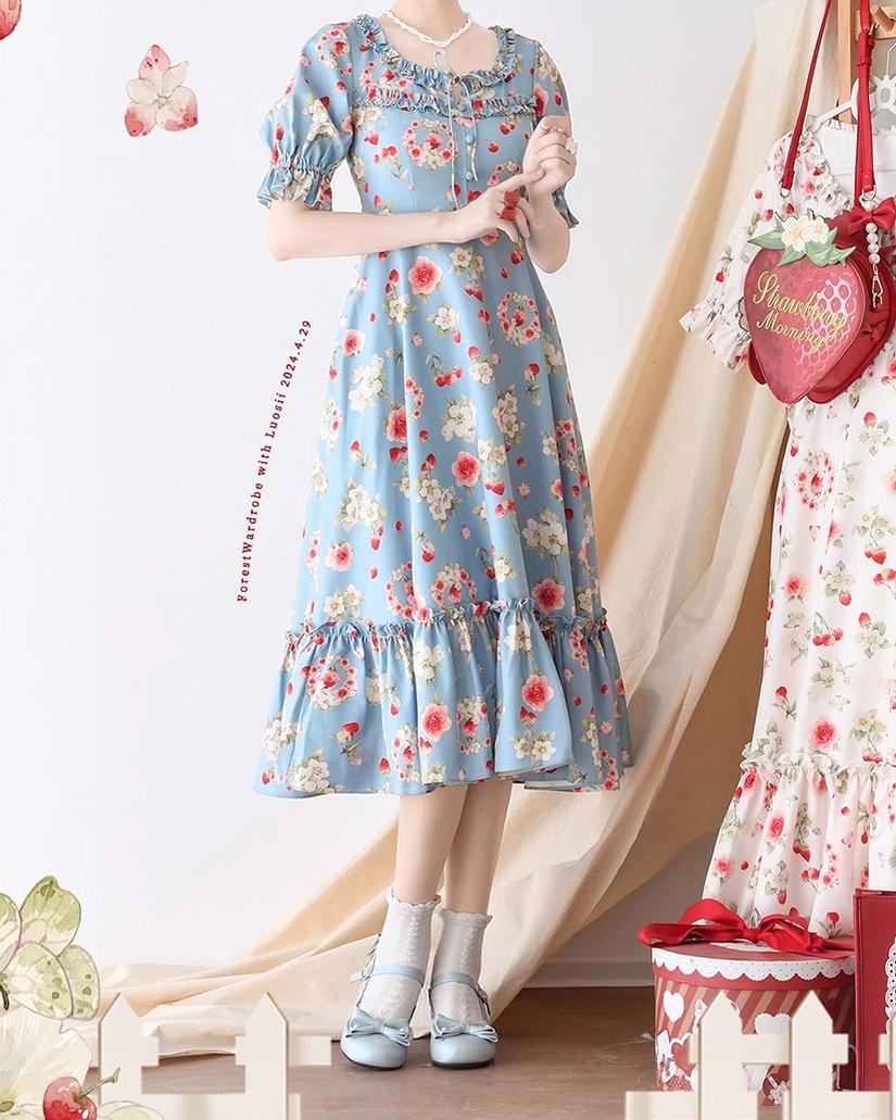 Forest Wardrobe - Summer Berry Picture Book - Vintage Lolita OP Dress Floral Print Short Sleeve Dress