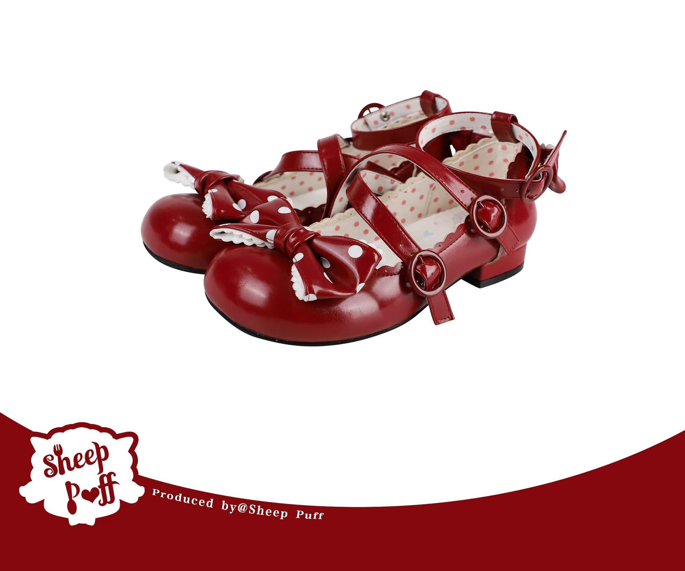Sheep Puff~Swirly Pop~Sweet Lolita Shoes Polka Dot Lolita Mid Heels Shoes 34 Low heel - red 