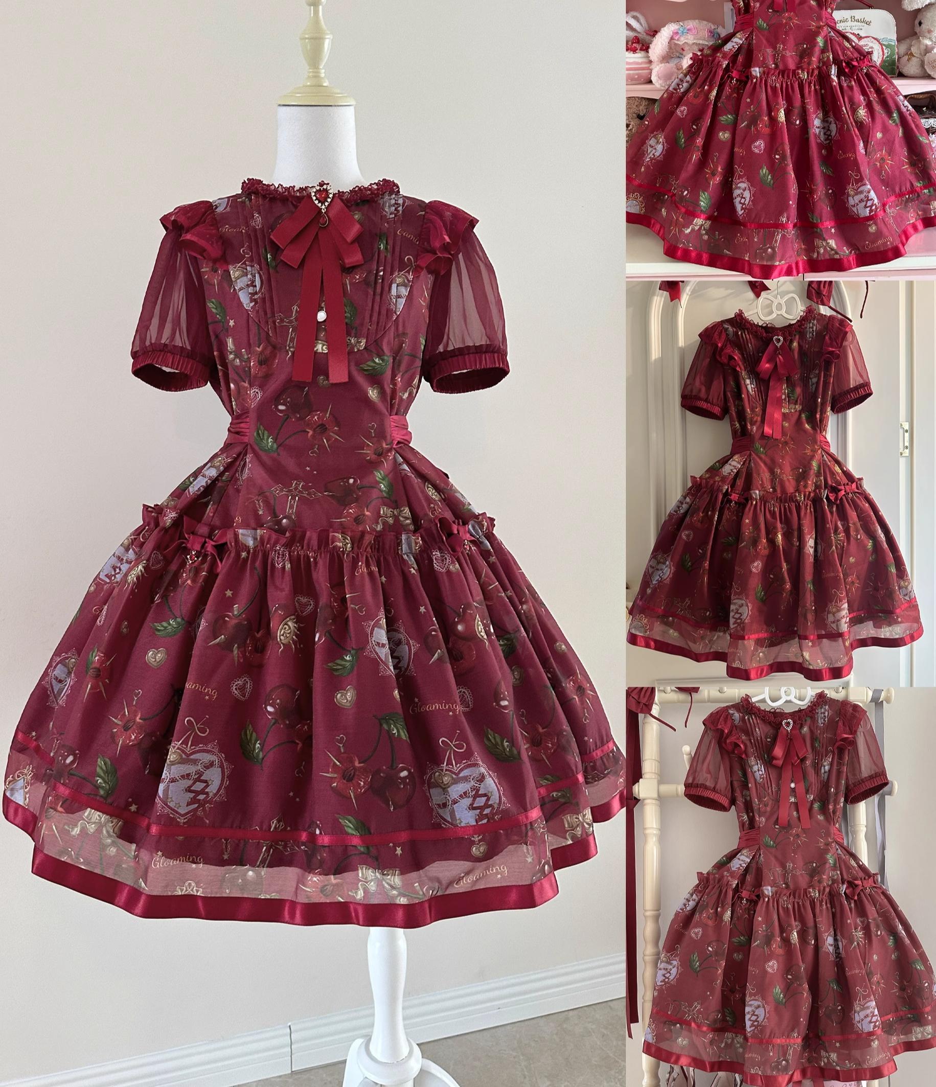 (Buy for me)Gloaming~Sweet Lolita Cherry print Short Sleeve OP and SK Set (2XL L M S XL) 28840:669082