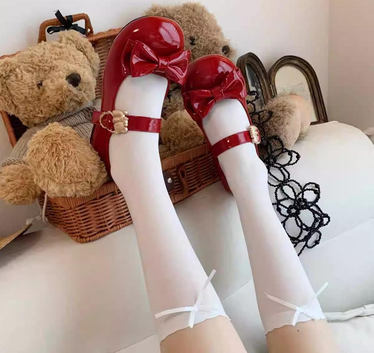 Sheep Puff~Hug Bear~Sweet Lolita Heel Shoes Bear Metal Buckle Bow Shoes 38702:597636