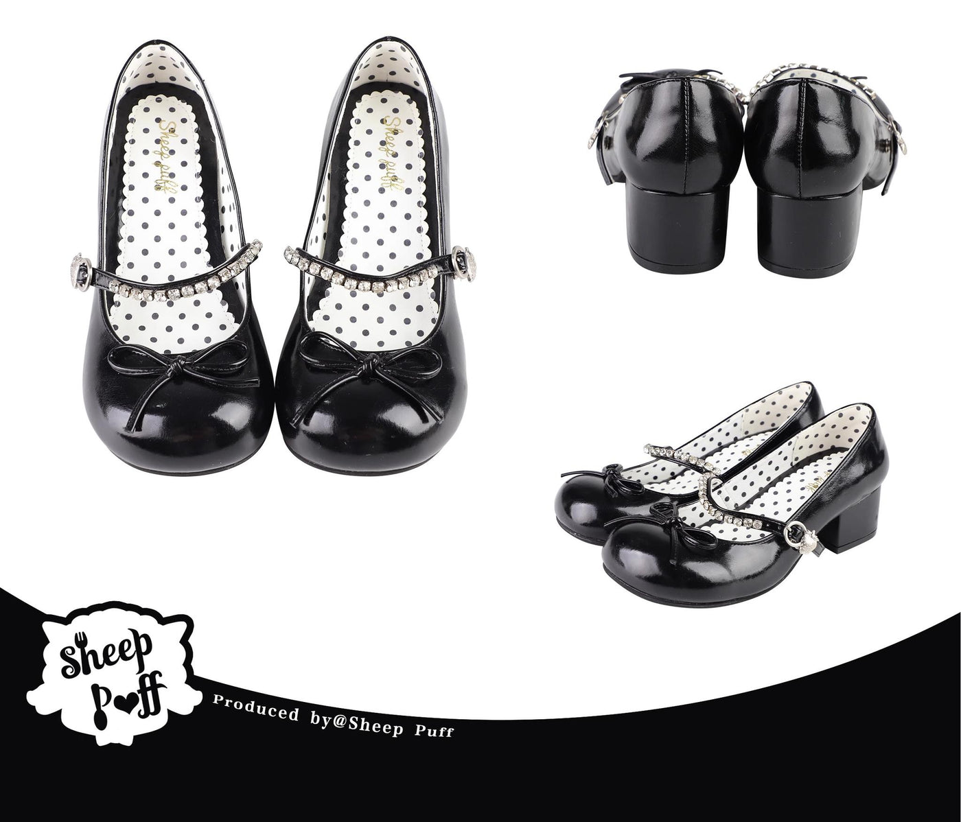 Sheep Puff~Small Berry~Kawaii Lolita Shoes Mid Heel PU Shoe 35 Black 