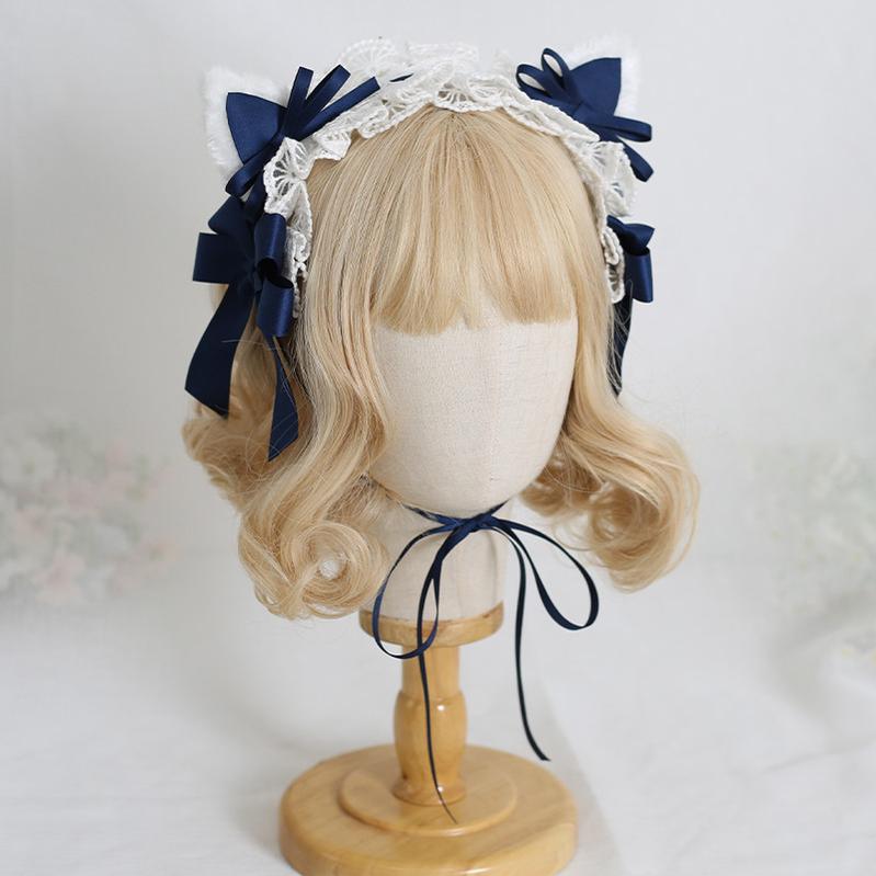 Xiaogui - Sweet Lolita Cat Ear Bow Headband Dark Blue Cat Ear Hairband