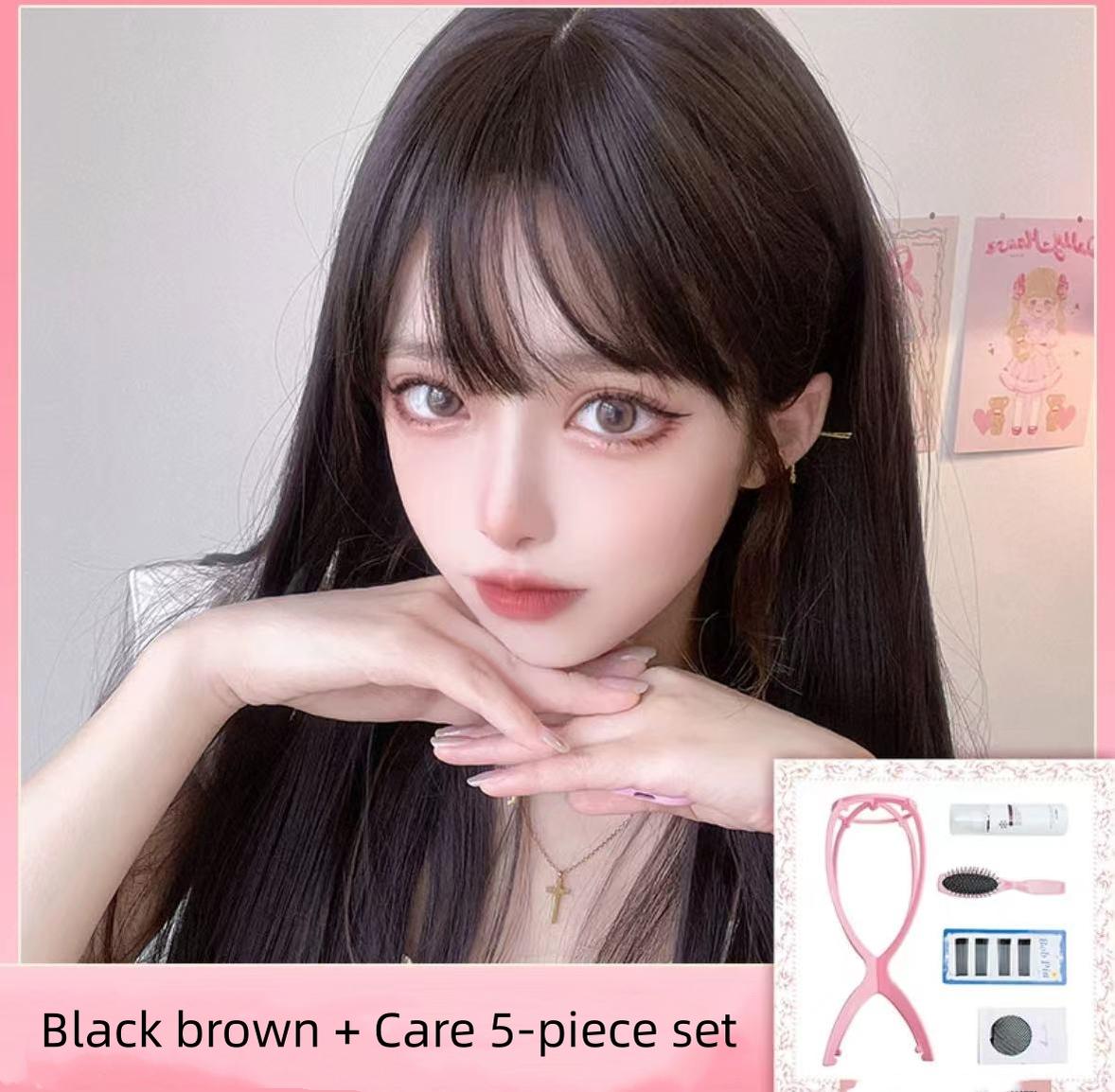 Alicegarden - Elegent Lolita Wig Long Straight Wigs Dark brown wig+ pink steel comb + a hairnet + hair rack+ a sheet of straight-line clips