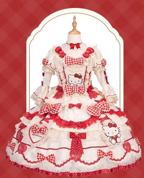 IP Collaboration Sweet Lolita OP Dress, Kitty Details White and Red - OP Dress + Choker XS