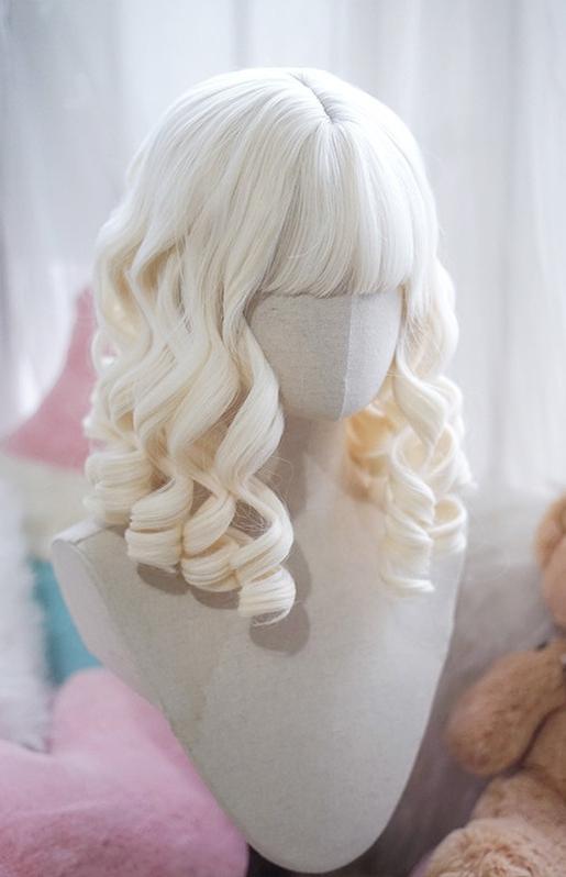 Doll-like Elegant Lolita Bangs Wig, Roman Curl White