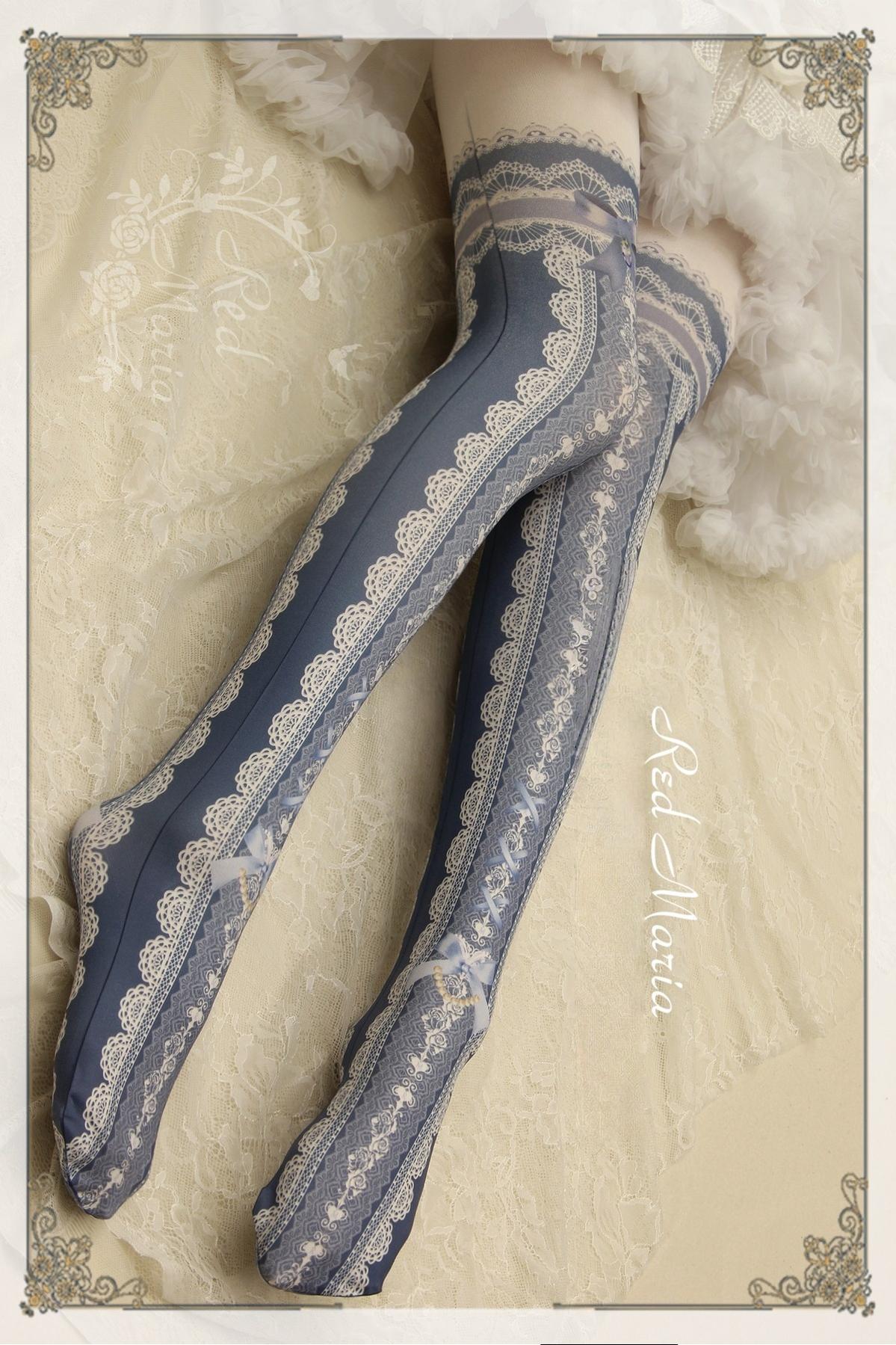 Red Maria - Lace Printed Bow 80D Lolita Tights Multicolors One Size Antique Blue